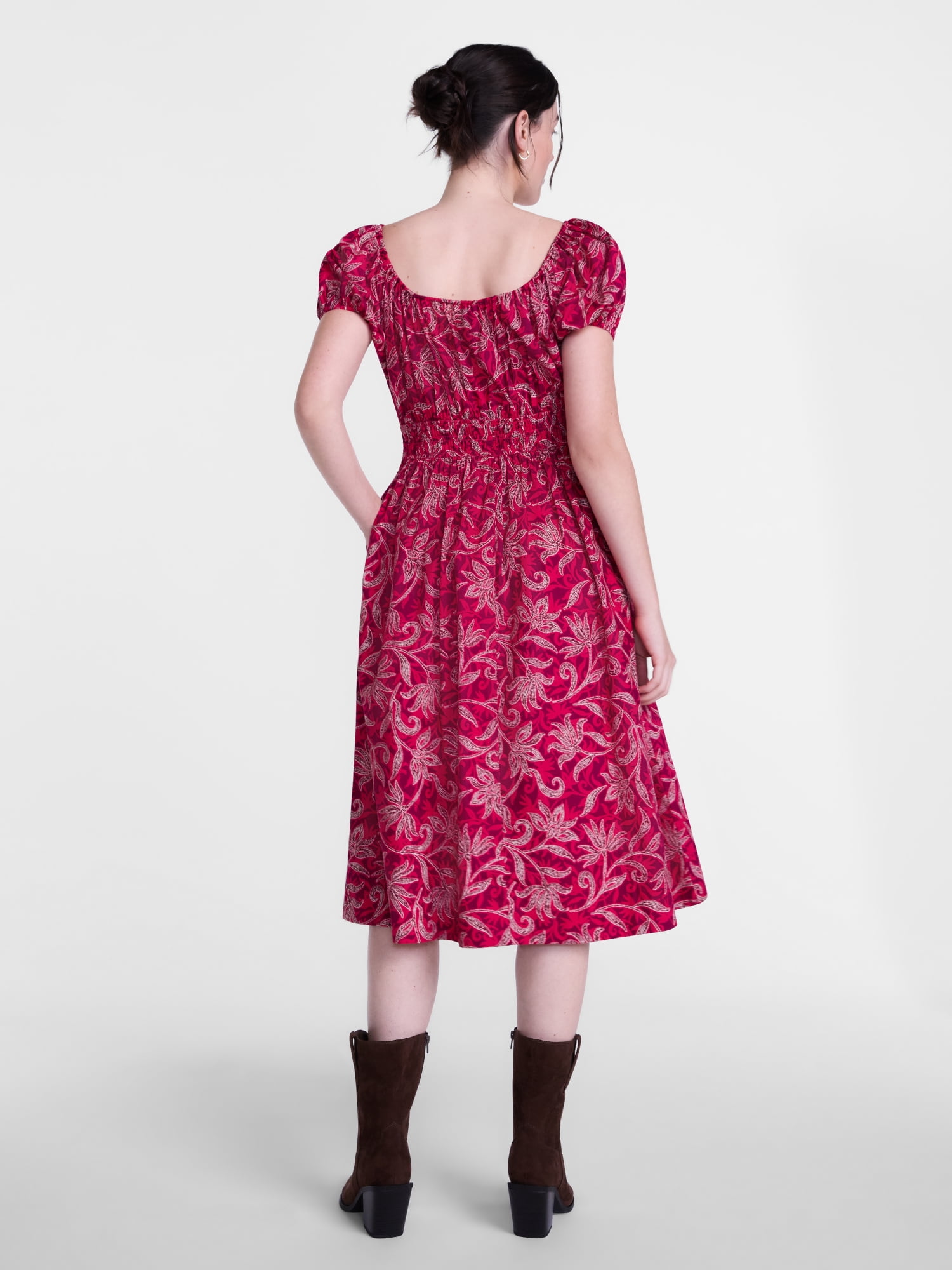 Scenario Women's and Women's Plus Smocked Waist Peasant Midi Dress with Puff Sleeves, Sizes XS-4X