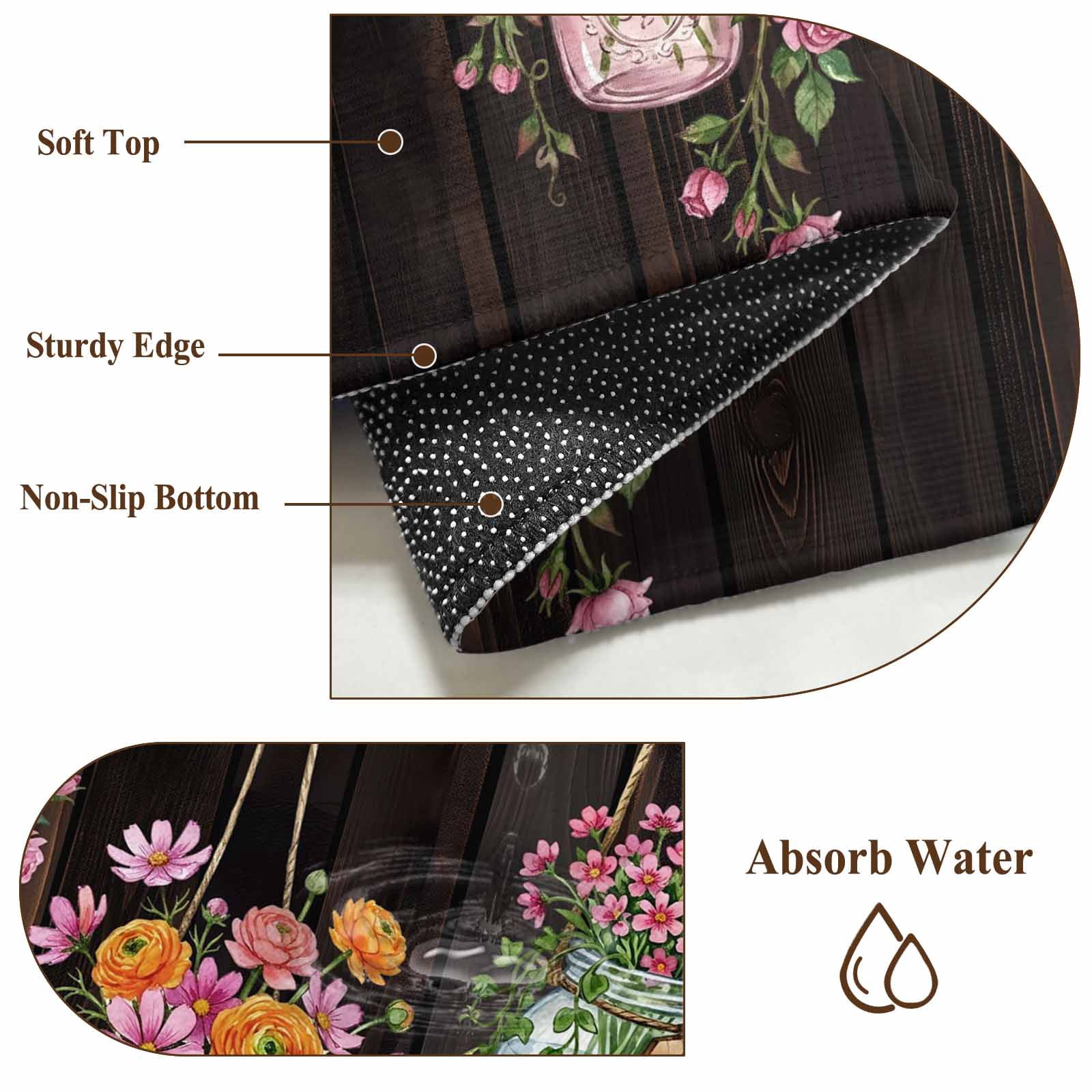 Pink Spring Floral 2'x6' Runner Rugs for Hallway Kitchen Bedside Non Slip Washable, Farmhouse Botanical Wooden Retro Art Entryway Rug Runners with Rubber Backing, Long Carpet Runner for Laundry Room