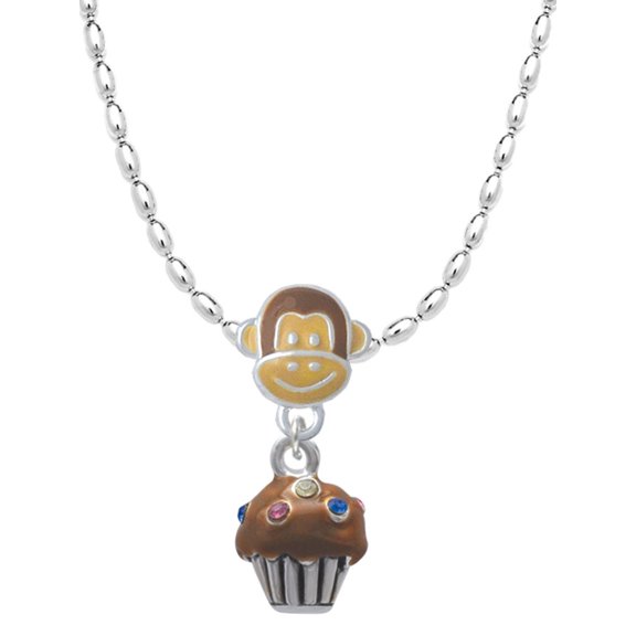 Delight Jewelry Silvertone Small Chocolate Cupcake with Crystal Sprinkles Mia Monkey Charm Necklace