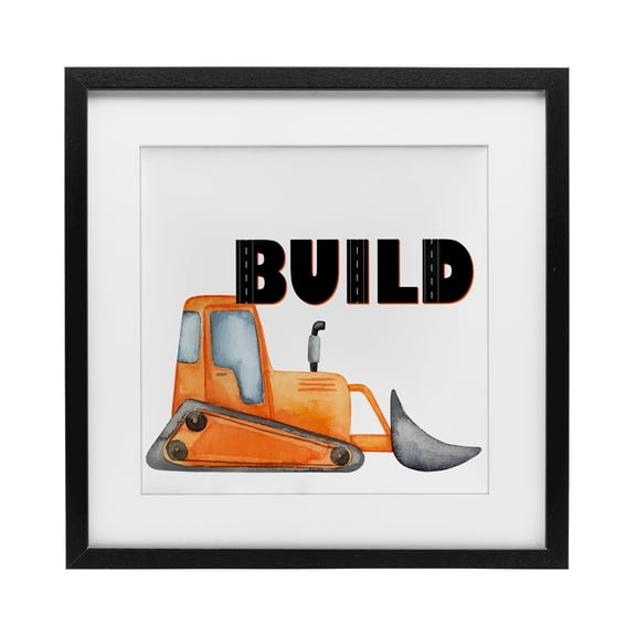 Build with Orange Bulldozer Black Framed Print Under Glass, design by Kim Allen