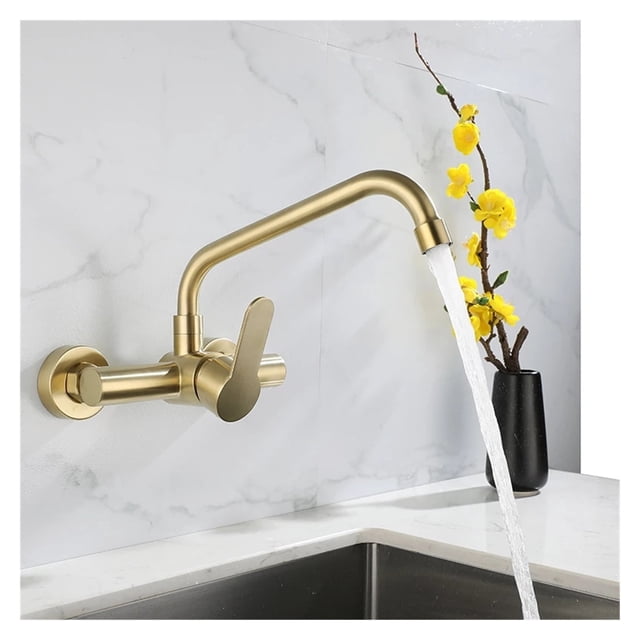 Brushed Gold Kitchen Faucet Swivel Pot Filler Tap Wall Mounted Hot and Cold Sink Tap Rotate Spout Stainless Steel ,Effortless Installation