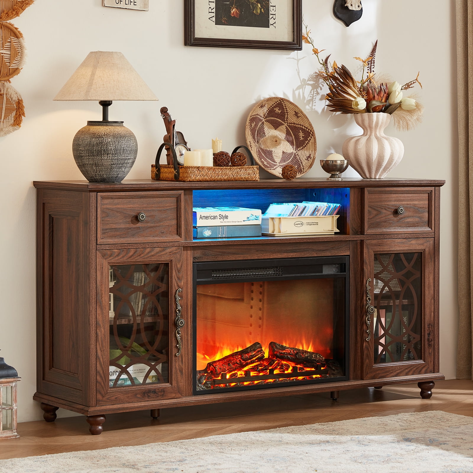 59 inch Fireplace TV Stand with 26.1" Electric Fireplace, High Gloss Entertainment Center for TVs up to 65 inch with LED Lights & Storage Cabinets, Brown