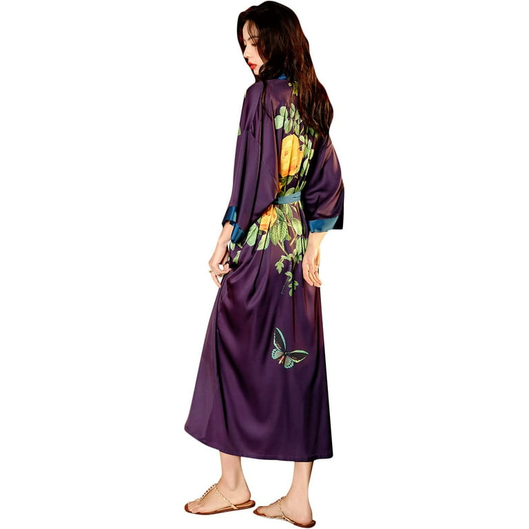 Kimono Robe, LOFIR Womens Robe Ice Silk Satin Robe Summer Bath for Women  Long Lightweght Floral House Coat Nightgown Loungewear Sleepwear for Women  Ladies Gift, Purple 