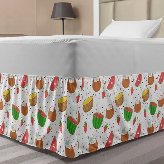 Summer Bed Skirt, Seasonal Colorful Pattern with Ice Cream Fruits Dots Strawberries and Little Hearts, Elastic Bedskirt Dust Ruffle Wrap Around for Bedding Decor, 4 Sizes, Multicolor, by Ambesonne