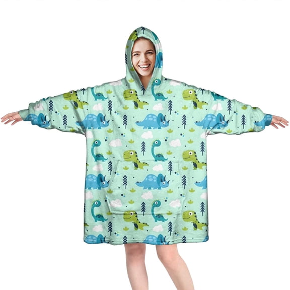 Wearable Oversized Blanket,LightGreen Dinosaurs Clouds Trees Pattern Wearable Blanket Hoodie for Adults,Cozy Hooded Blankets with Super Pockets,Super Warm Fuzzy Pullover for Women & Men