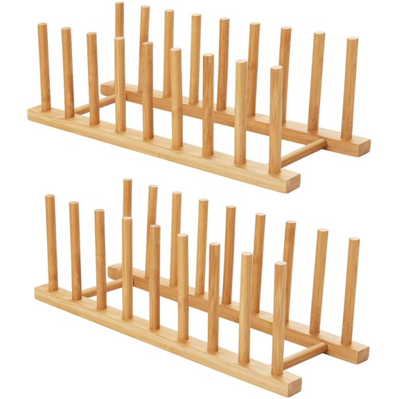 NOGIS 2 Pack Bamboo Dish Rack, Dish Drying Rack, Plate Bowl Cup Book Pot Lid Cutting Board Drying Rack Stand Drainer Storage Holder, 13'' x 5'' x 4'