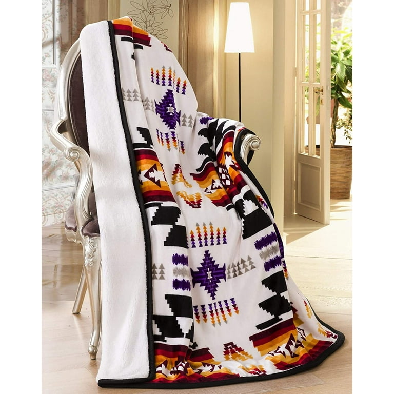 Southwestern Aztec Sherpa Borrego Fleece Throw Blanket