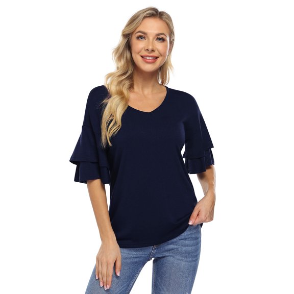 Women's Ruffle Tunic Top Casual V Neck Shirt Bell Half Sleeve Pullover Blouse Top
