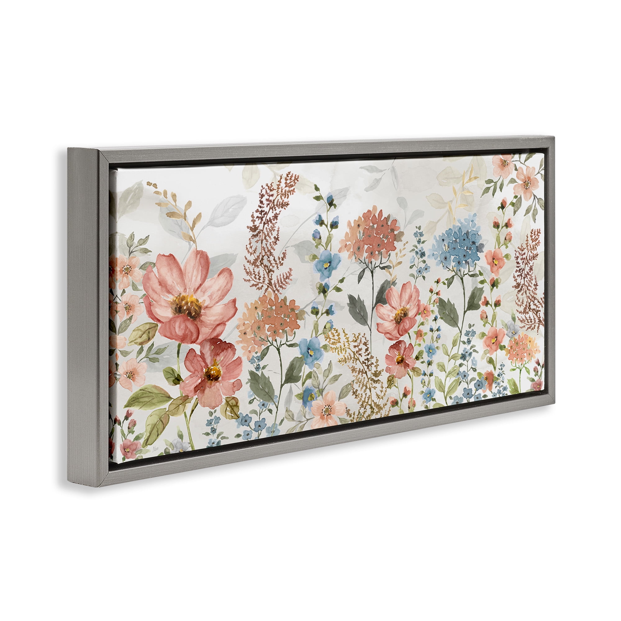 Stupell Industries Pastel Spring Florals Botanical & Floral Painting Gray Floater Framed Canvas Art Print Wall Art, 25 x 11