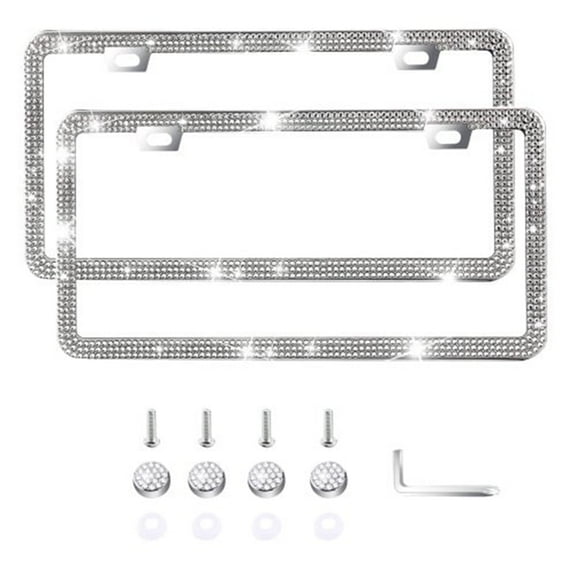 License Plate Frame,Luxury Clear Glass Crystal Rhinestone Bling License Plate Frame, Thin Border Stainless Sparkly Bedazzled License Plate Frames for Women Cute with Anti Theft Screw (2Pack)