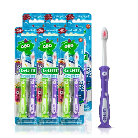 GUM Monsterz Children and Toddler Toothbrush,with Suction Cup, For Ages 2 , 2 Count (Pack of 6)