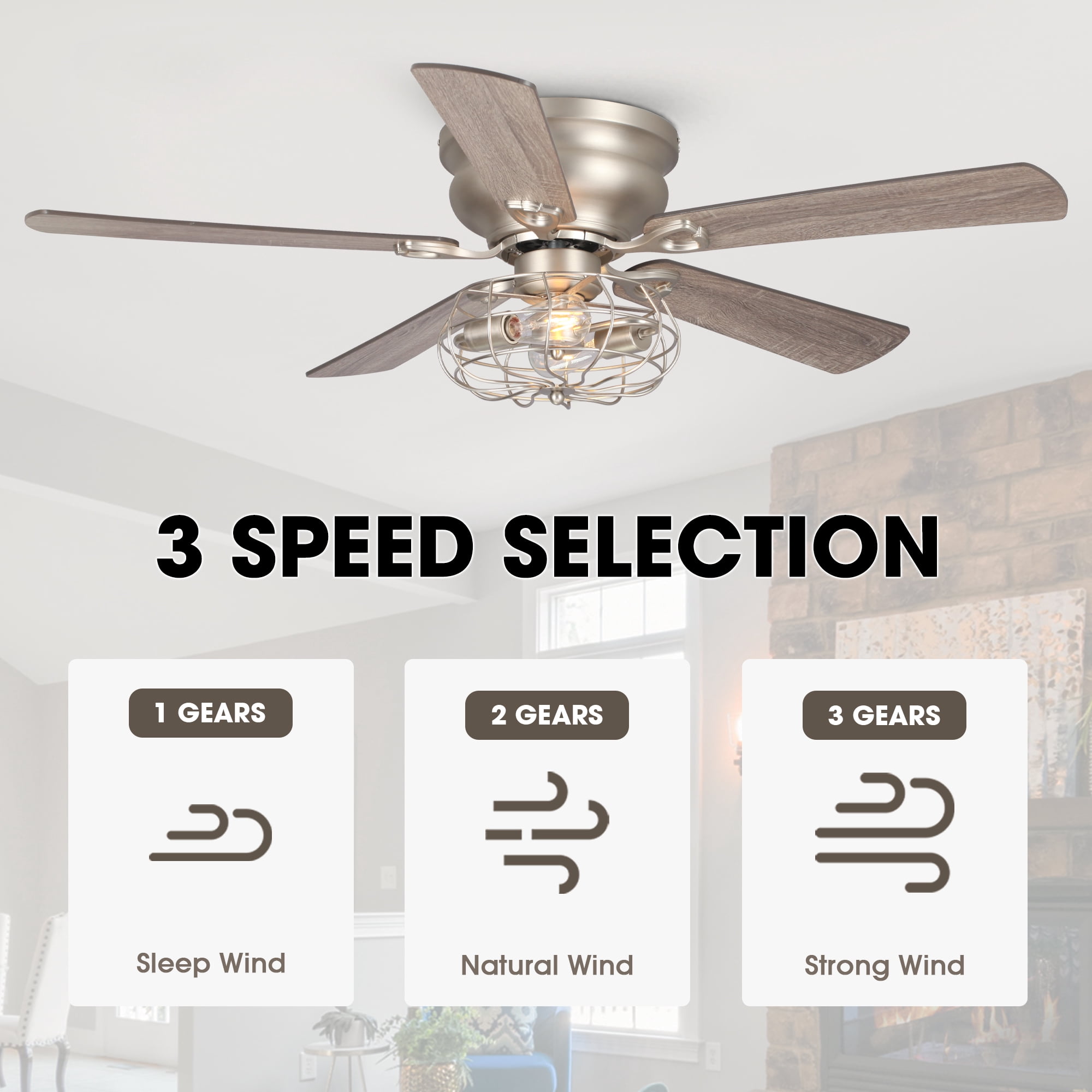 Flush Mount Ceiling Fan with Lights Low Profile Ceiling Fan 5 Reversible Blades Remote Control, 48 inch
