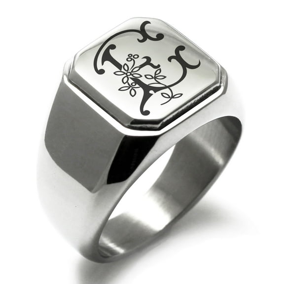 Stainless Steel Letter E Initial Floral Monogram Engraved Engraved Square Flat Top Biker Style Polished Signet Ring