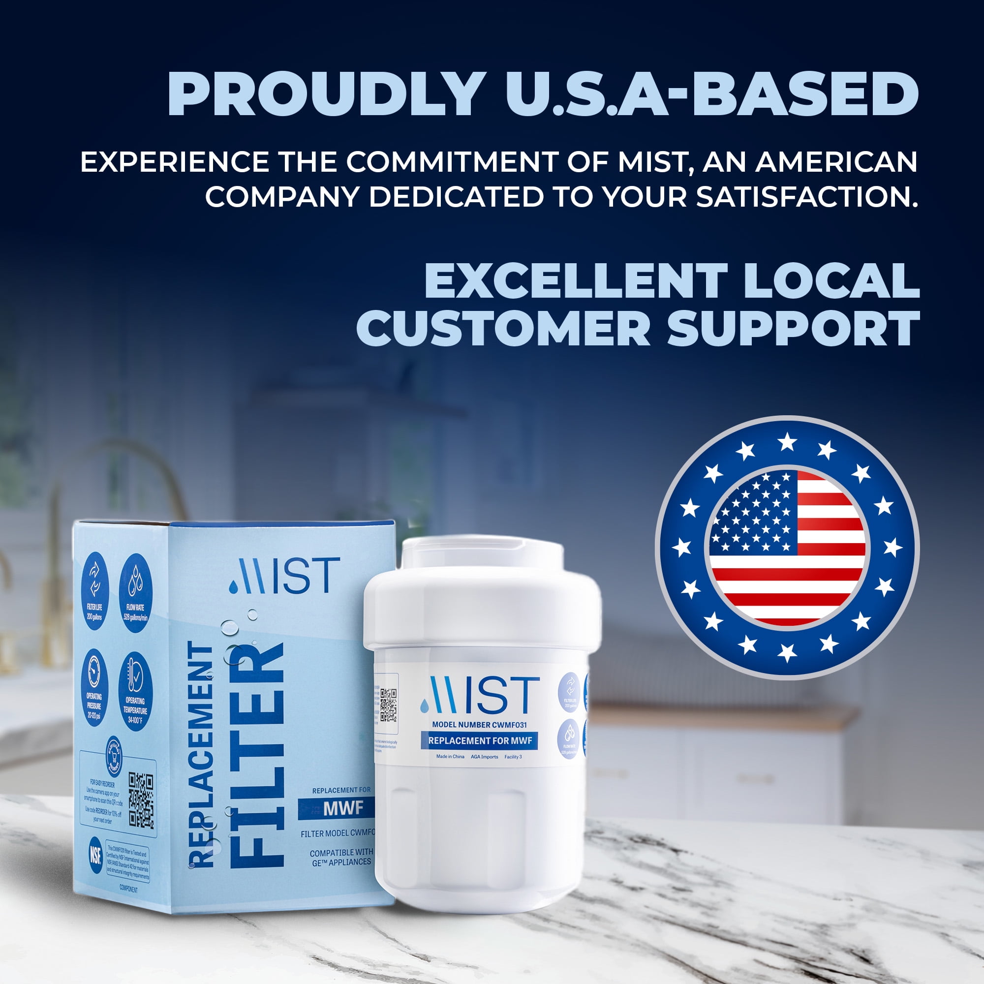 Mist MWF Refrigerator Water Filter Replacement Cartridge for GE, Compatible with MWFP, MWFA, GWF, HWF, Smart Water, WFC1201, Kenmore 9991, 469991, WFC1201, GSE25GSHECSS, 2-pack