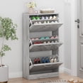 thumbnail image 3 of Slim Shoe Cabinet with 3 Flip Drawers, Entryway Organizer, Wooden Narrow Shoe Rack with Removable Shelf, Diagonal Louver Door, Grey, 3 of 7