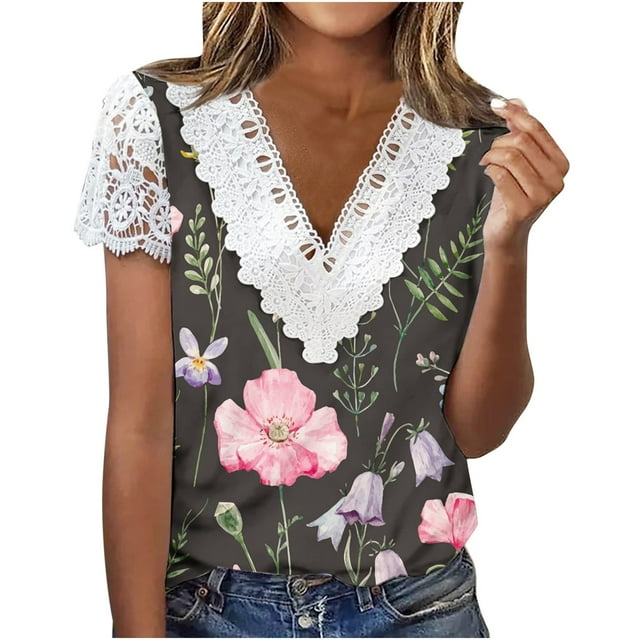 Mujeres moda verano Sexy pliegue impreso regular mujeres manga corta cuello en V botón Top OAVQHLG3B Store lin121212
