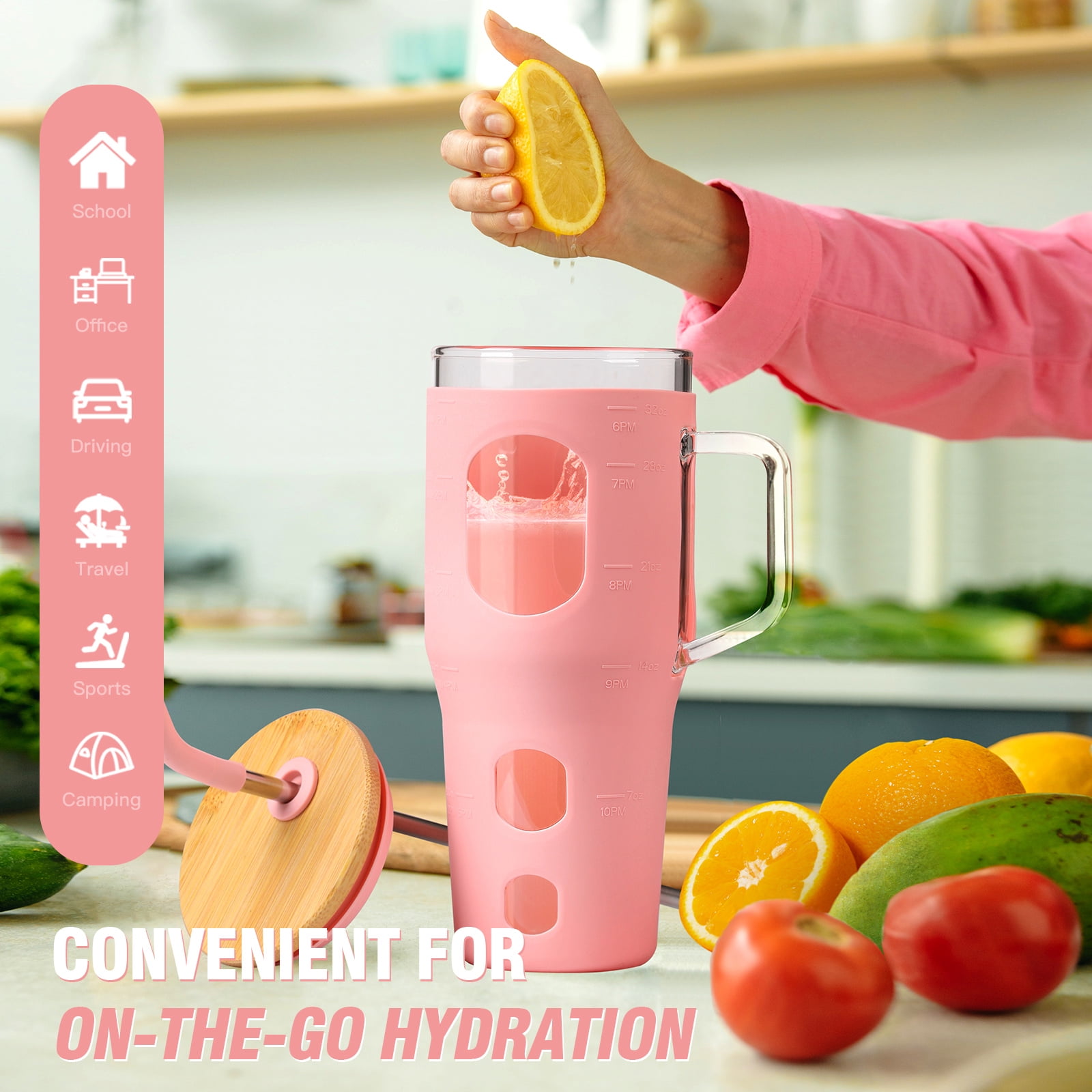 MUKOKO 32 oz Glass Tumbler , Glass Water Bottle with Capacity Marker and Silicone Sleeve, Iced Coffee Drinking Cup with Straw and Lid, Leakproof Suitable for Cup Holders, Pink
