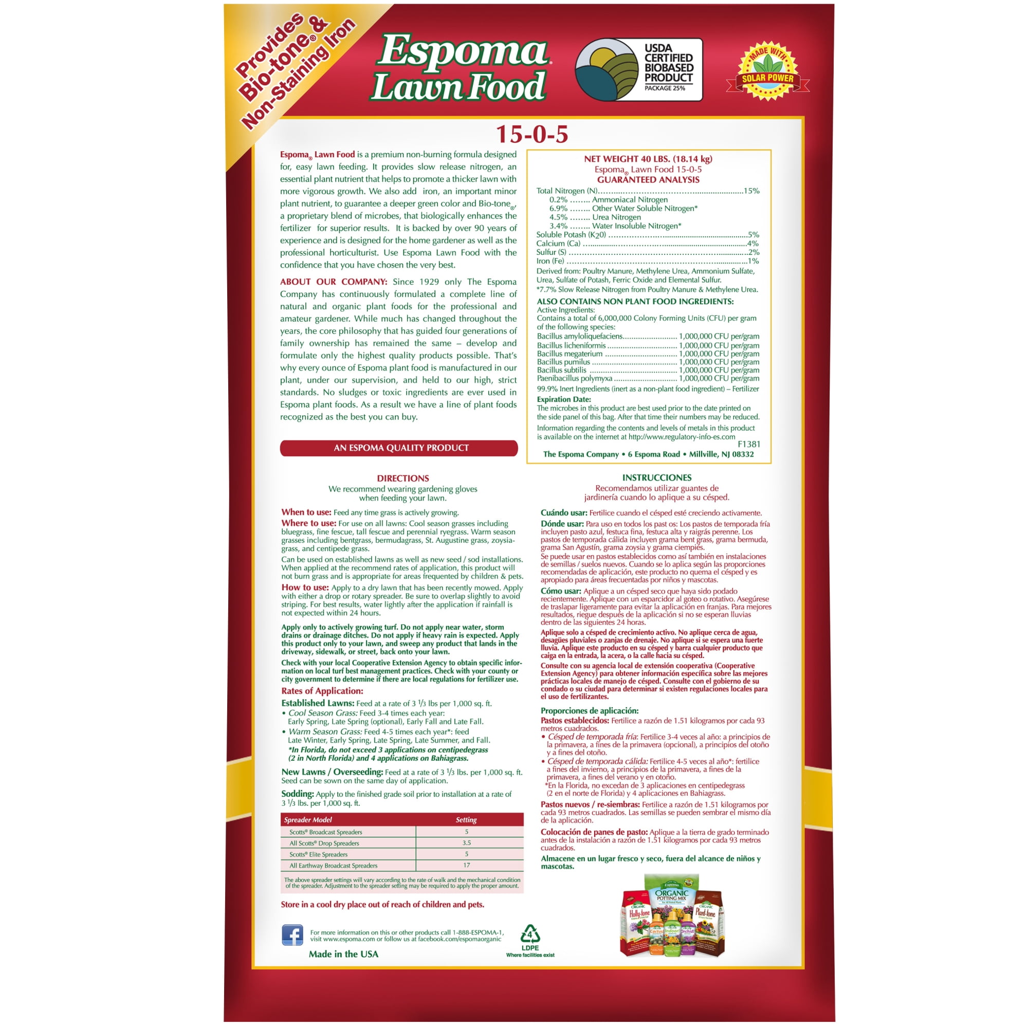 Espoma 15-0-5 Lawn Food for All Seasons, 40lbs - Grass Fertilizer Rich in Natural Organics for Growing Thicker, Greener Lawns