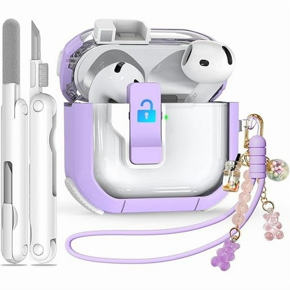 Secure Lock Case for AirPods 4, lulufa 5-in-1 Anti-Yellow Clear Cases for Apple AirPods 4th Gen 2024 for Women Girly, Soft TPU Cover with Cleaner, Silicone Wrist Strap,Cute Candy Keychain, Carabiner