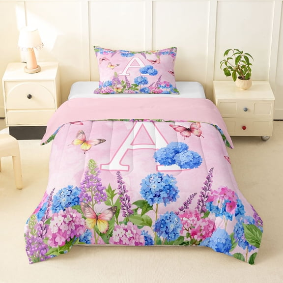 Manfei Lovely Letter A Twin Comforter Sets,Sweet Flower Bedding Set,Multicolored,Pink Reversible,2-Piece,1 Comforter and 1 Pillowcase