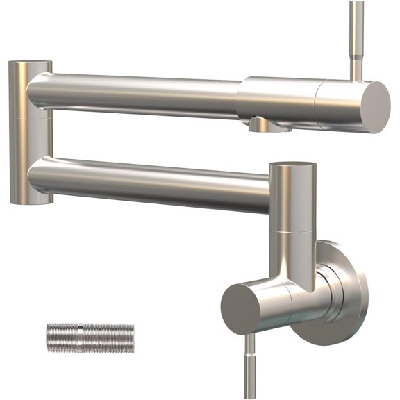 Pot Filler Faucet Brushed Nickel, Wall Mount Folding Kitchen Faucet with Double Joint Swing Arms, Single Hole 2 Handles, 304 Stainless Steel