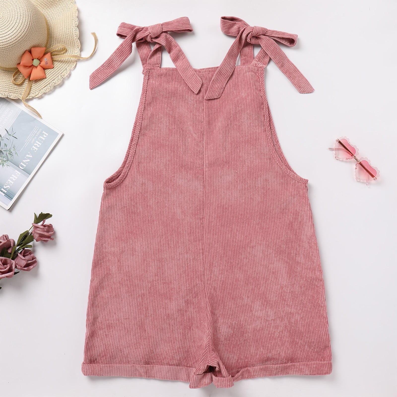 FYMNSI Mommy and Me Short Jumpsuits Matching Outfits Women Casual Sleeveless Loose Rompers Girls Bowknot Tie Straps Overalls with Pockets Pink Corduroy (Baby Girl 9-12M)