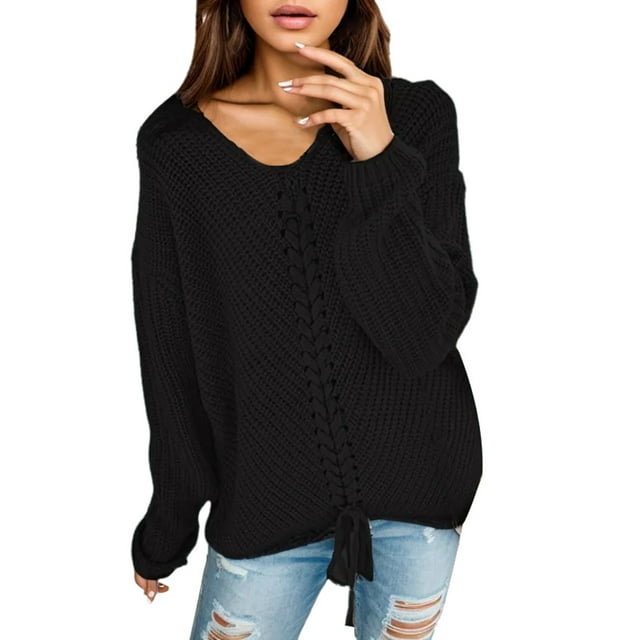 aDJFDGT Oversized Sweater Vest Xxl Women's Loose Long Sleeve V Neck Drawstring Backless Sweater Knitted Pullover
