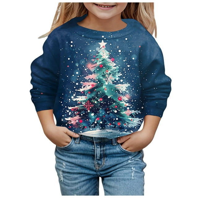 VJATTWR Chandails à Capuchon pour Adolescentes Enfants Mode Noël Mignon Imprimé Col Rond Sans Capuche Manches Longues Chandail 5-6 Ans