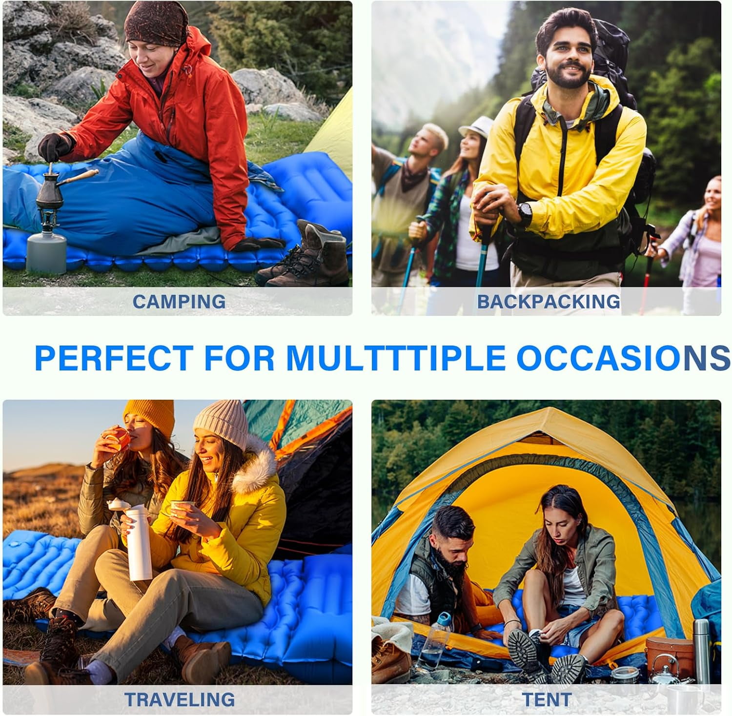 Double Sleeping Pad for Camping- Self Inflating 4" Extra-Thick with Pillow Built-in Foot Pump Inflatable Sleeping Mat for Backpacking, Hiking, Traveling, Tent, Portable Camping Mat