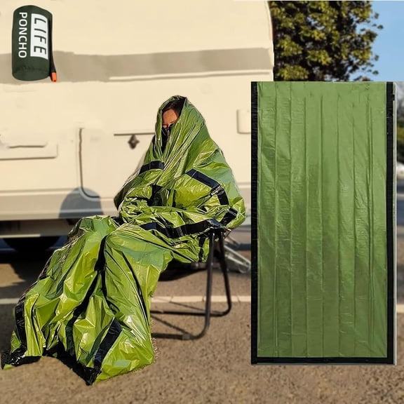 JUBSOSCAMP Emergency Sleeping Bag, Polyester Film Bivy Sack Survival Bag with Drawstring Dag and Whistle for Earthquakes, Hurricane, Hiking, Camping (1 Green Single Sleeping Bag)