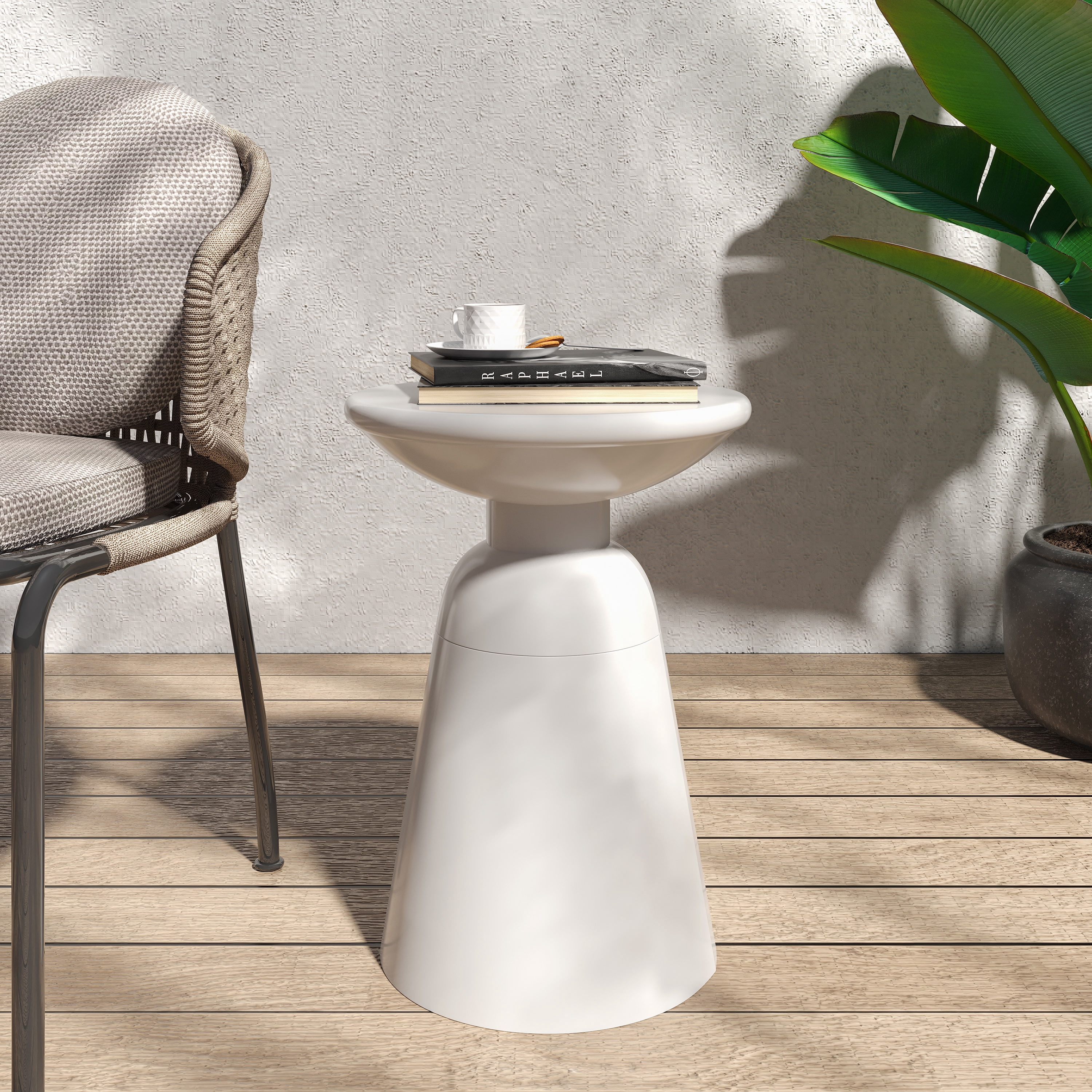 Outdoor Large Pedestal Side Table, Metal Frame Accent Table for Patio Garden, White