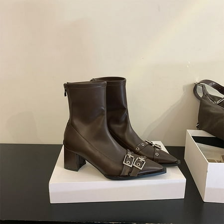 

Pointed Toe Thick Heel Thin Boots Short Boots for Women Autumn and Winter 2023 French Retro High Heel Leather Boots White Martin Boots Single Boots