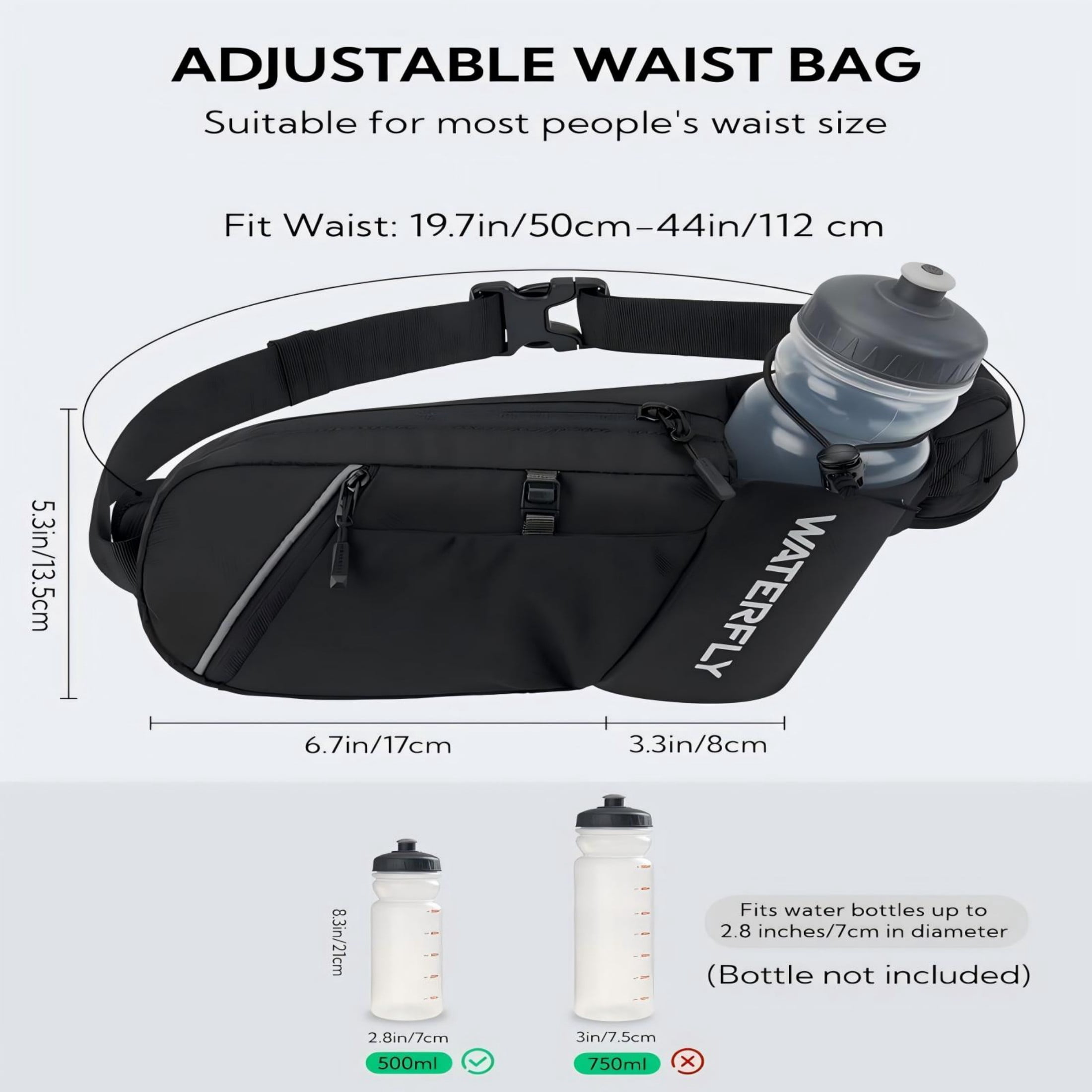 WATERFLY Unisex with Bottle Holder Running Walking Hiking Nylon Fanny Pack Waist Bag,Black