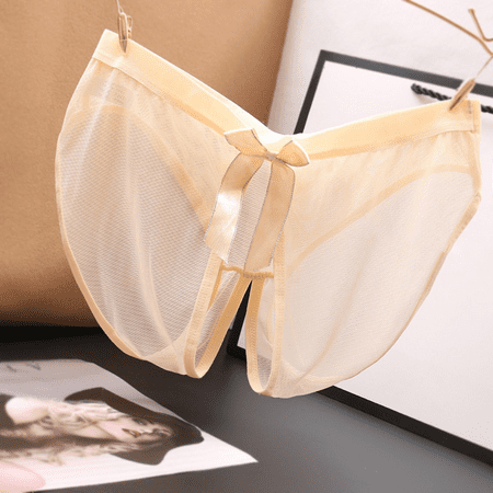 Fulorrnie Women s Low Rise Open Back Lace Thong Panties Bow Accent Breathable Mesh Underwear for Women  Beige  One Size