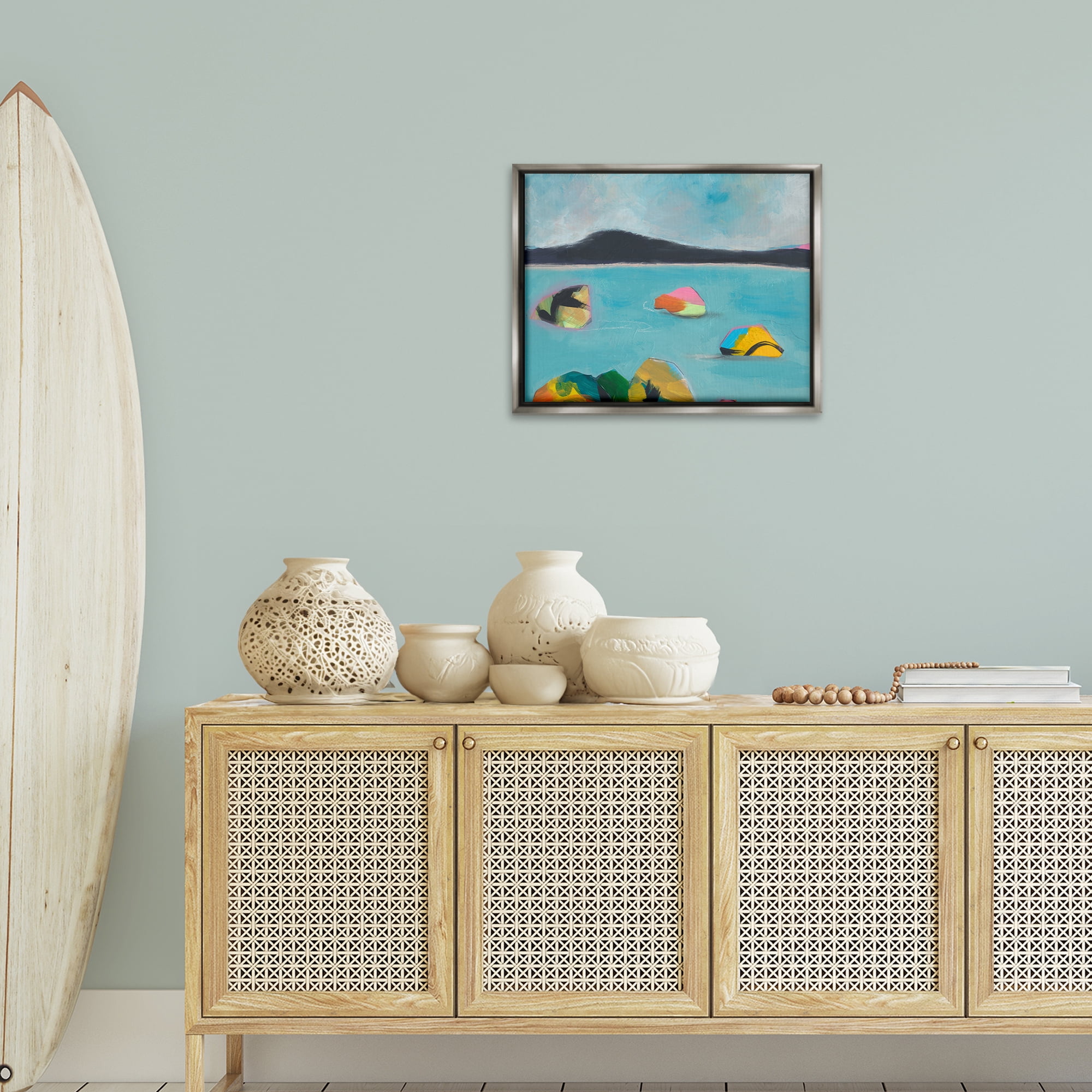 Stupell Industries Abstract Sea Buoys Landscape & Nature Painting Gray Floater Framed Canvas Art Print Wall Art, 21 x 17