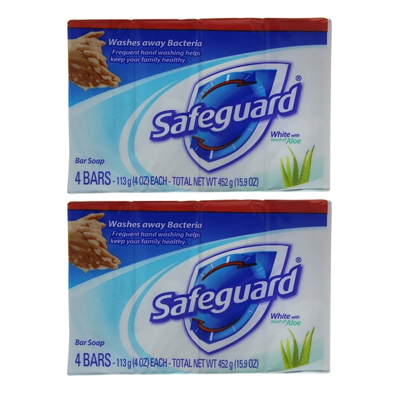 Safeguard Antibacterial Deodorant Bar Soap, White with Aloe, 4 oz, 4 Ct (2 Pack) (Bundle)