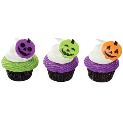 Spooky Halloween Pumpkin Heads Orange Purple Green -24pk Cupcake / Desert / Food Decoration Topper Picks with Favor Stickers & Sparkle Flakes