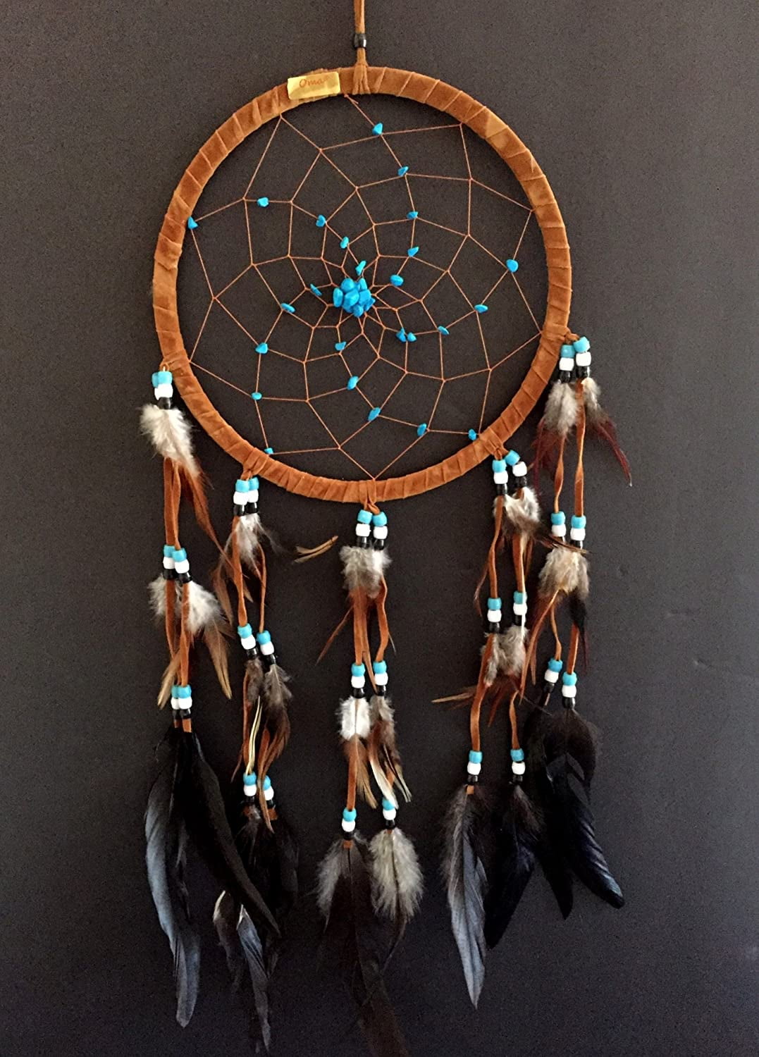 Dream Catcher Wall Hanging Brown Blue 4" Diameter Beads and Feathers 