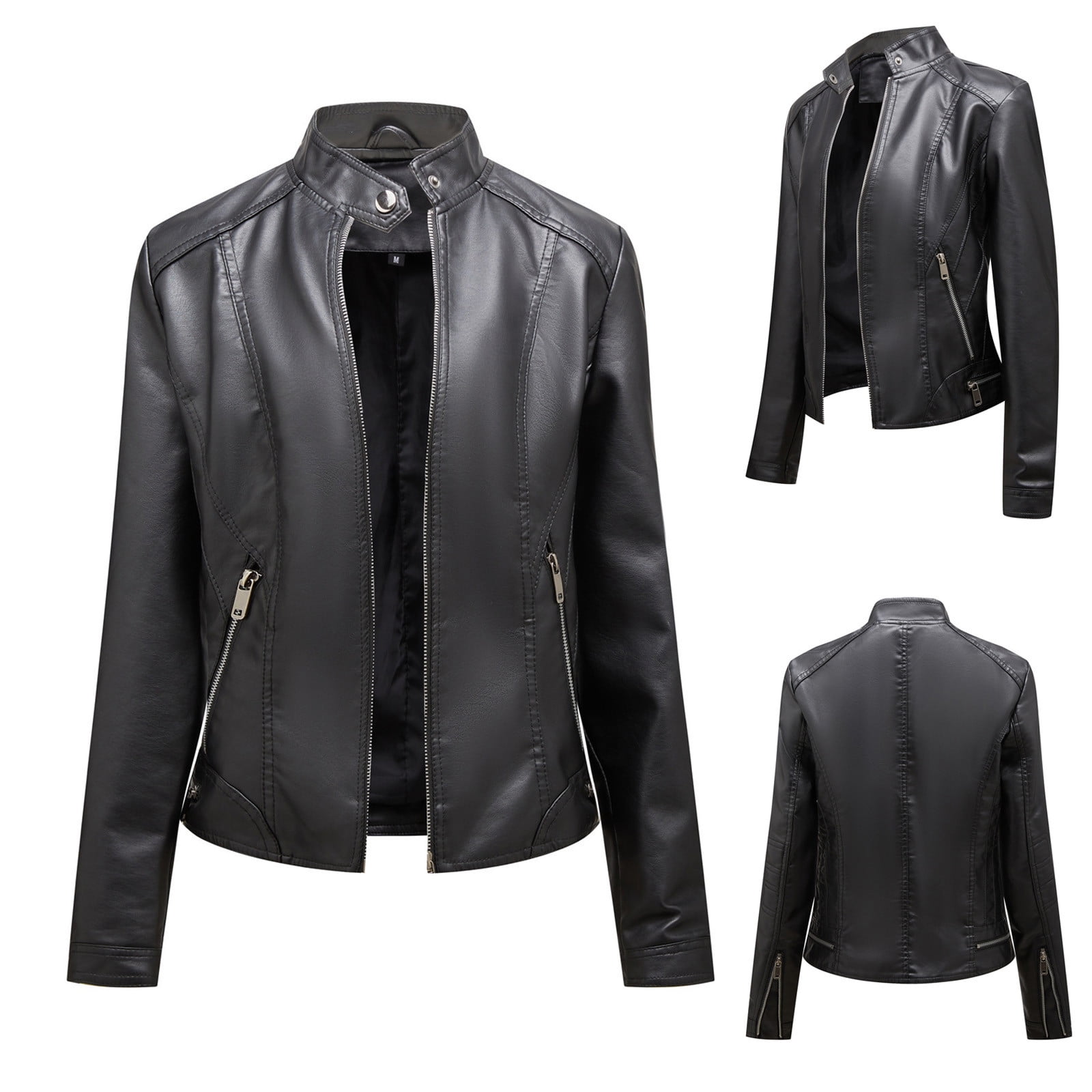 QATAINLAV Women's Fashion Faux Leather Motorcycle Jackets Casual Zipper Long Sleeve Short Coat Streetwear, Black, L