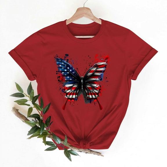 Women's Summer T-Shirts Independence Day Print Short Sleeve Shirts Round Neck Patriotic Tees Blouses Pullover Top for Women