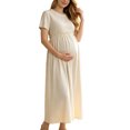 thumbnail image 3 of UKHCCC Women's Maternity Maxi Dress, Short Sleeve Crew Neck A-Line Waffle Texture Stretchy High Waist Long Dress for Casual Pregnancy Wear, 3 of 9
