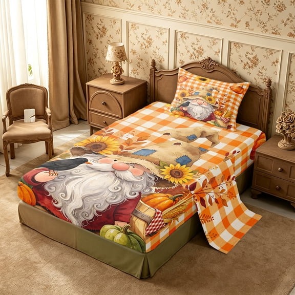 Erosebridal Kawaii Gnome Twin Sheets 3pcs,Autumn Pumpkin Sunflowers Bedding,Orange White,1 Flat Sheet, 1 Fitted Sheet and 1 Pillowcase