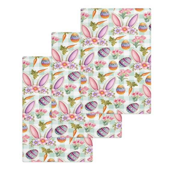 Easter Kitchen Dish Towels for Drying Dishes Set of 3, Spring Rabbit Ears Eggs Carrots Floral Green Plaid Waffle Weave Microfiber Hand Tea Bathroom Towels Quick Dry & Absorbent Towel 15.7x23.6