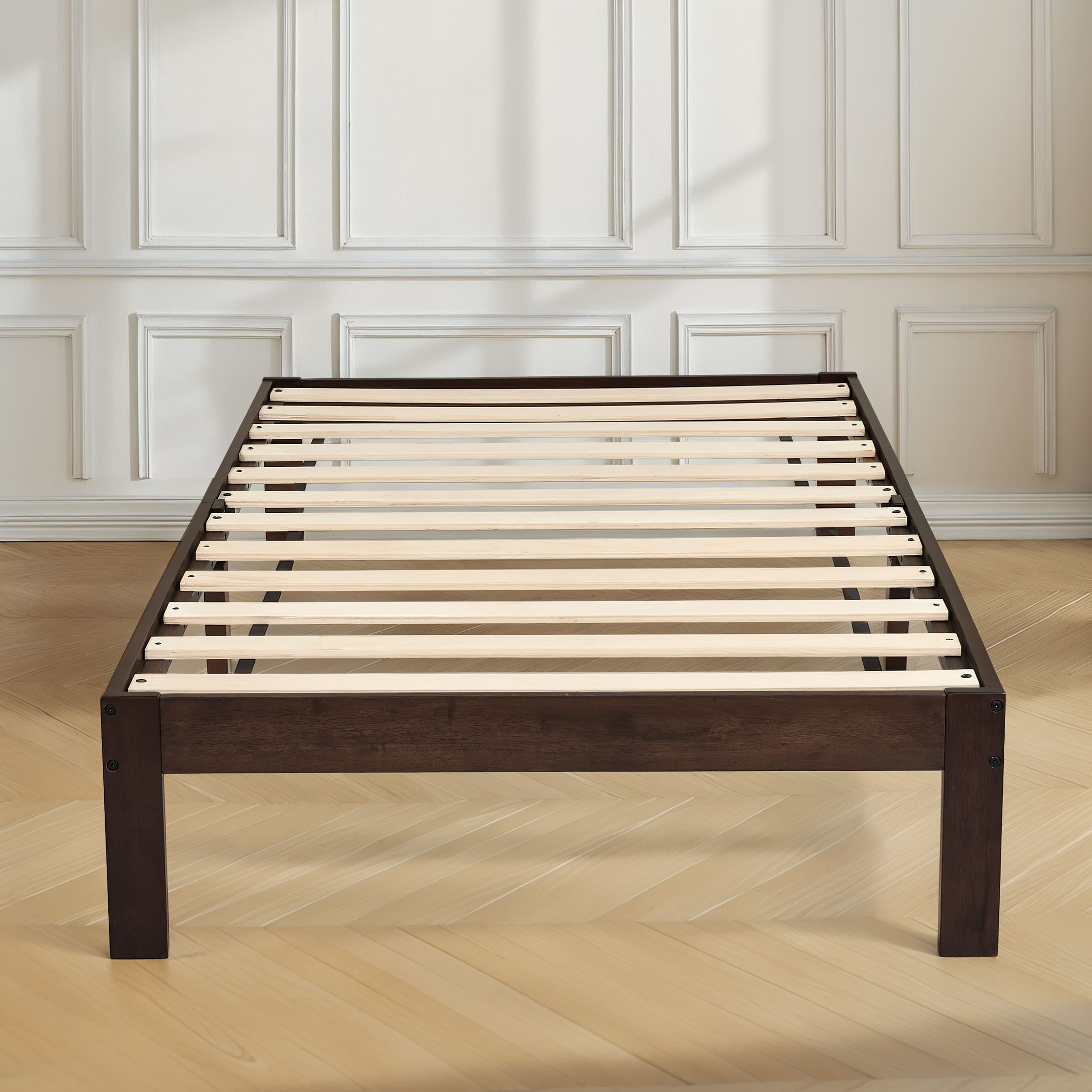 Subrtex 12" Solid Wood Platform Bed Frame with Wooden Slats, Walnut, Twin