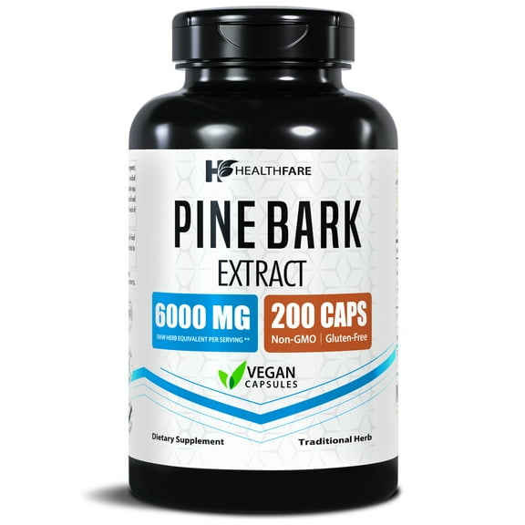 HealthFare Pine Bark Extract 6000mg French Maritime | 200 Vegan Capsules | Standardized 95% OPC Proanthocyanidins | Antioxidant Herbal Supplement | Non-GMO, Gluten-Free | Made in USA