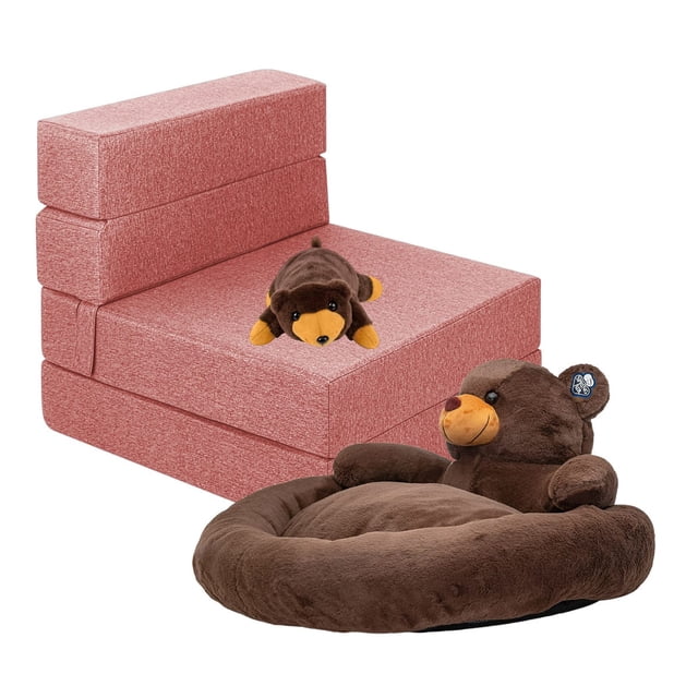 Sillón Plegable Individual Rosa + Cama para Perro y Peluche de Oso