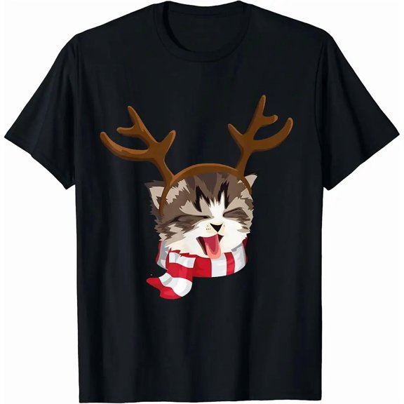 Cat Christmas Reindeer Antlers Funny Catmas Xmas Kid Girl Top Unisex T-Shirt, up to Size 5XL