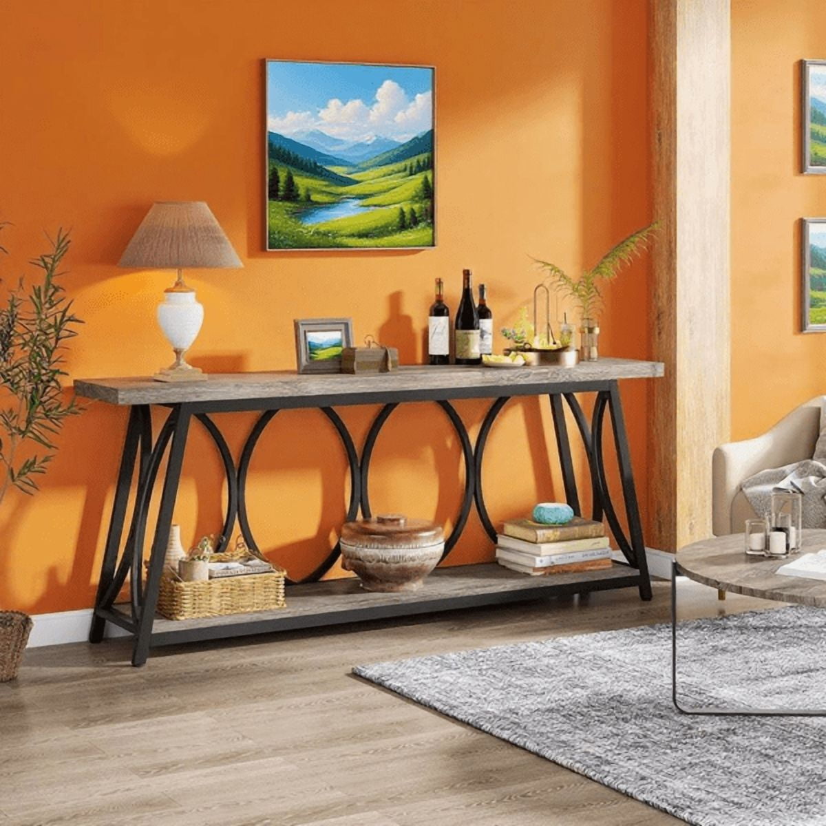 70.9" Vintage Rustic Console Table - Wood & Black Metal, 1.57" Particle Board with Bottom Shelf, 230lb Capacity for Living Room, Entryway, Behind Couch, Hallway