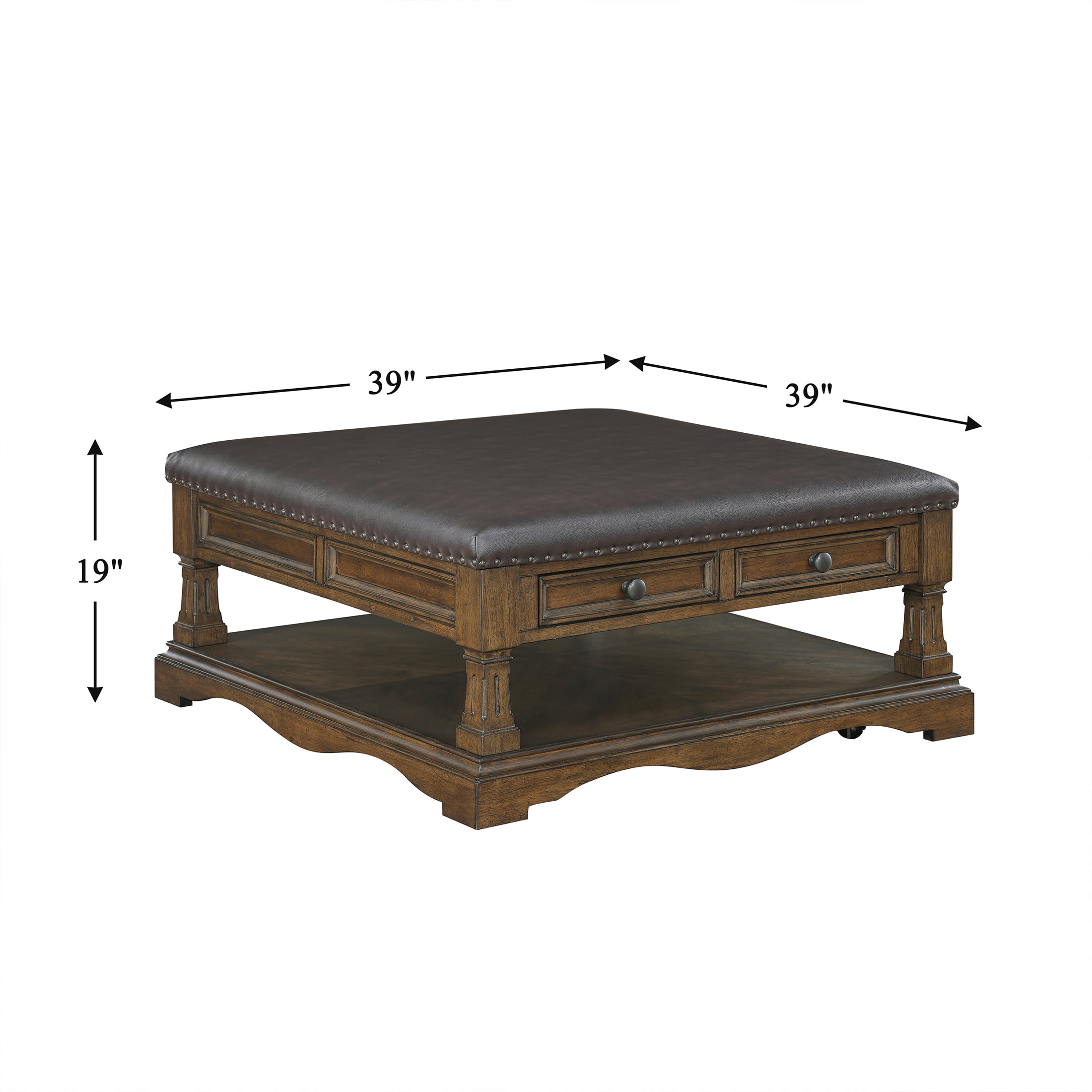 OakvillePark Soren Wooden Coffee Table with 4 Drawers, Faux Leather Upholstered Top, Casters, Dark Brown