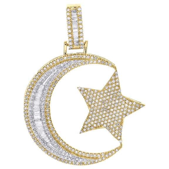10K Yellow Gold Diamond Islamic Crescent Moon & Star Pendant 1.70" Charm 1.30 CT